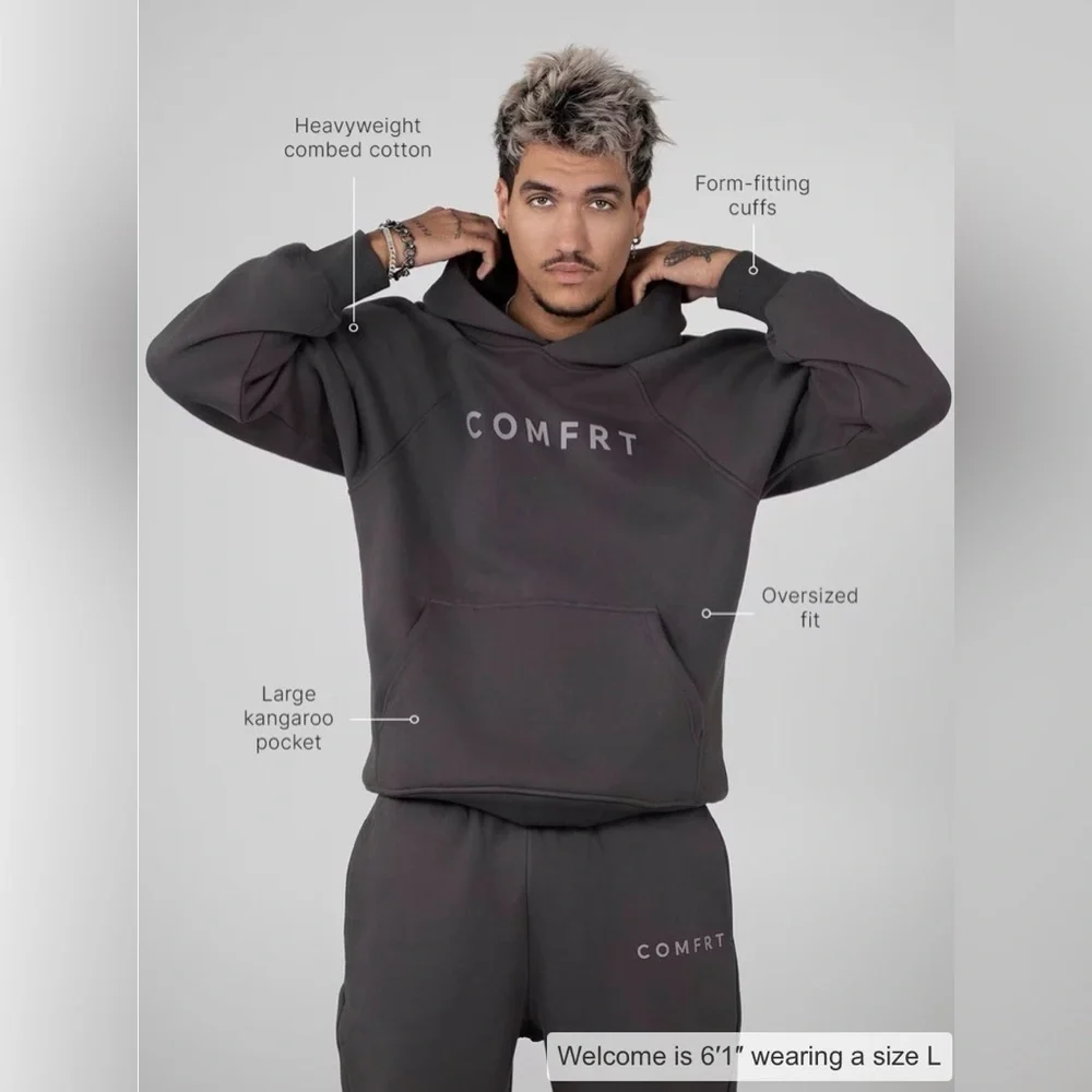 Comfrt Tranquil Hoodie Unisex Lg Charcoal Oversized Heavyweight Kangaroo Pocket - Picture 3 of 12